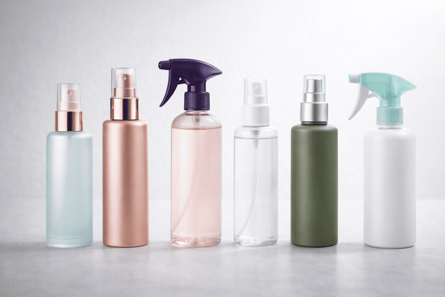 A lineup of custom spray bottles in different colors, frosted and glossy finishes, and uniquely shaped caps displayed together