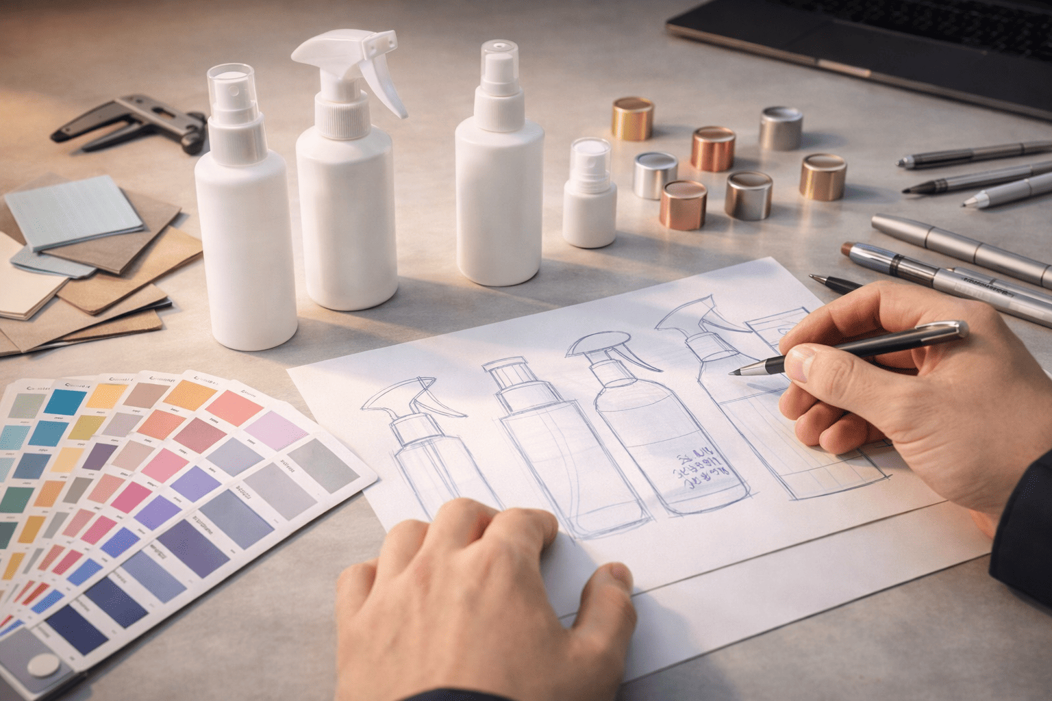 A designer’s workspace with color chips, material samples, spray nozzles, and a 3D-printed spray bottle prototype
