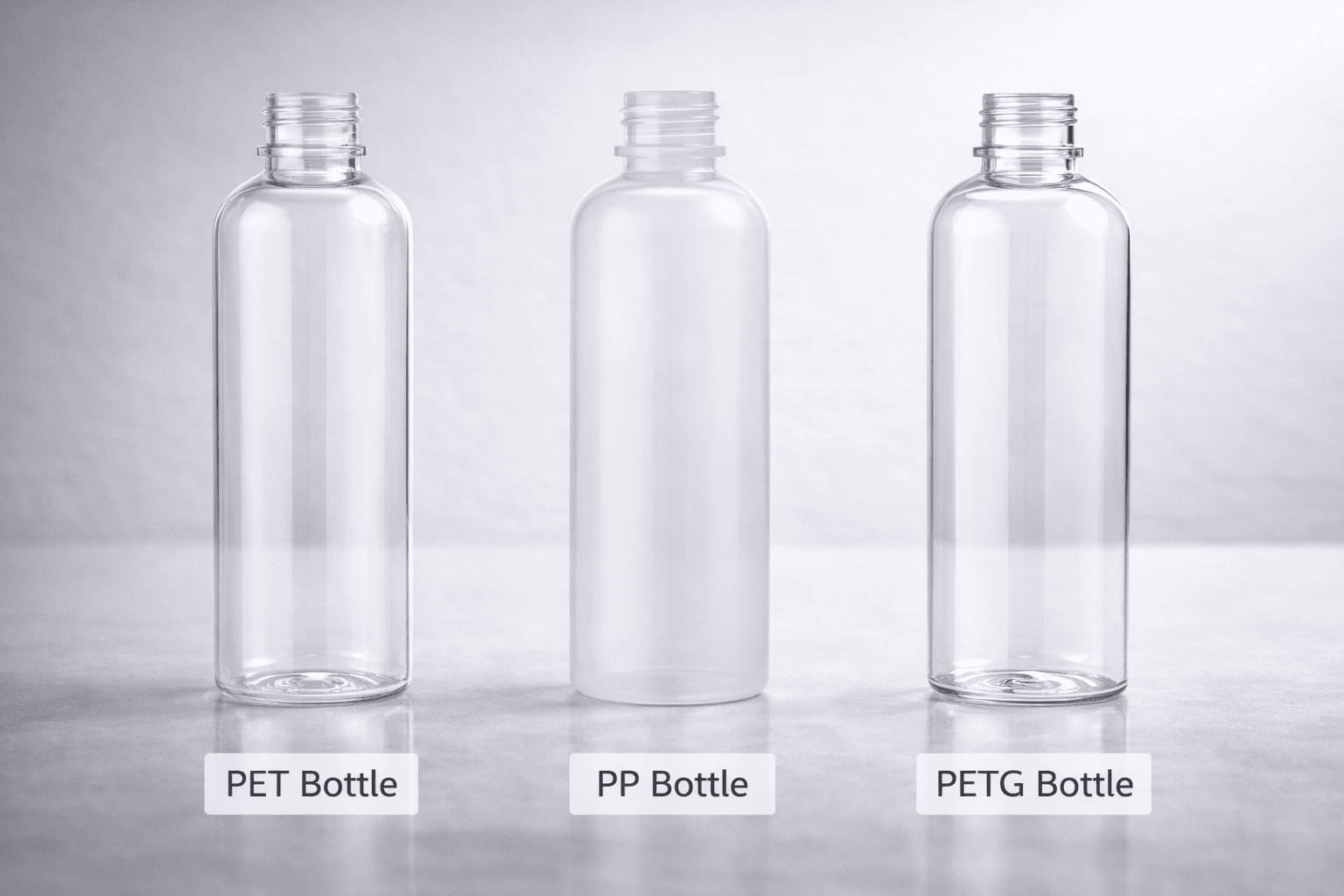 Three spray bottles made from PET, PP, and PETG shown side by side to highlight clarity and texture differences