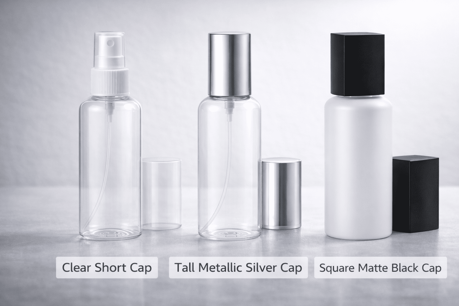 Different spray bottle overcaps including clear, metallic silver, and matte black caps arranged for comparison
