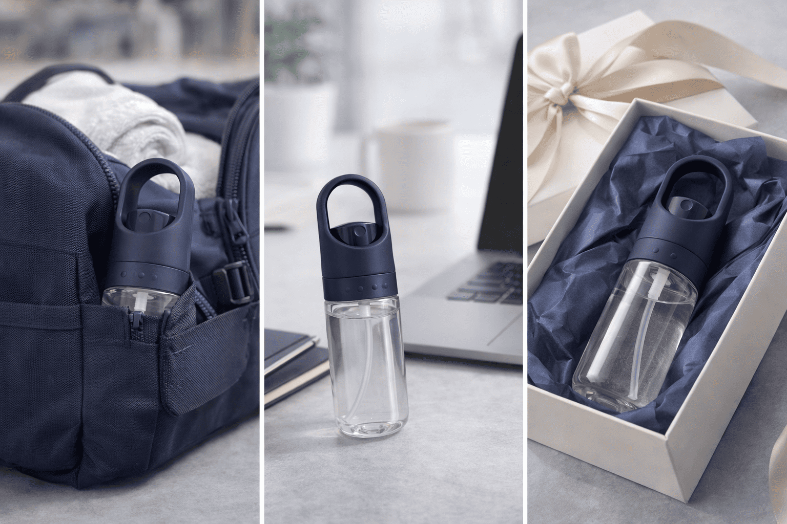 A 50ml spray bottle shown in a gym bag pocket, on an office desk, and arranged in a beauty gift set