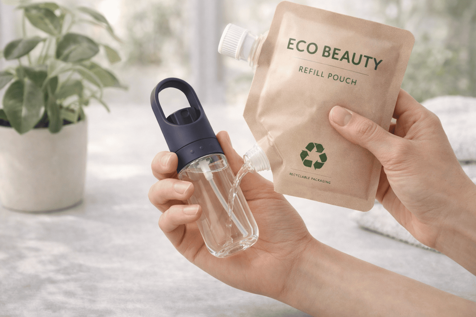 A person refilling a reusable 50ml spray bottle from a larger refill pouch in a clean environment