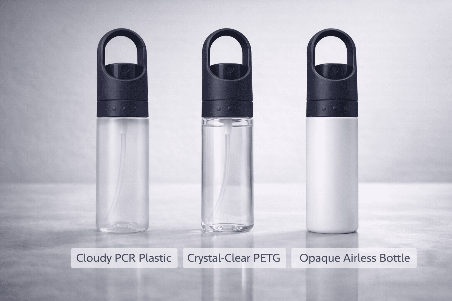 Three different 50ml spray bottles made from PCR plastic, PETG, and an airless design shown side by side