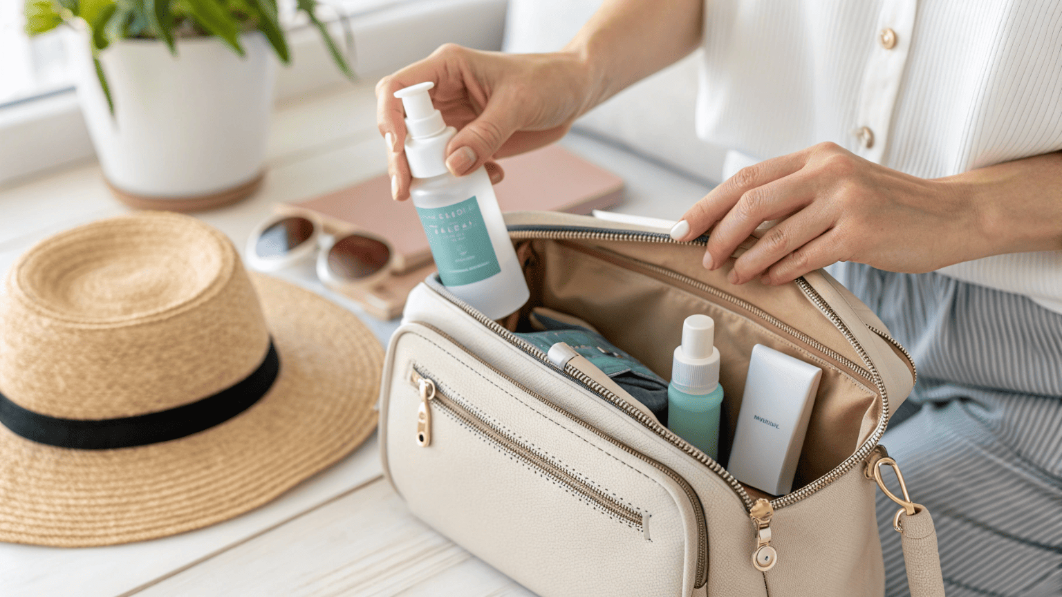 A hand holding a small spray bottle that fits easily inside a purse or travel bag