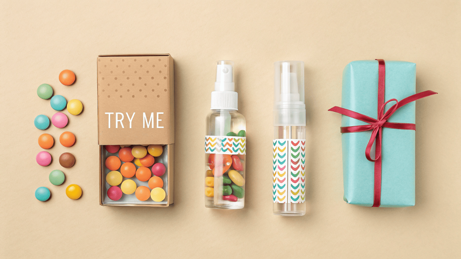 Three mini cosmetic spray bottles shown as a tester, a travel item, and a gift with purchase