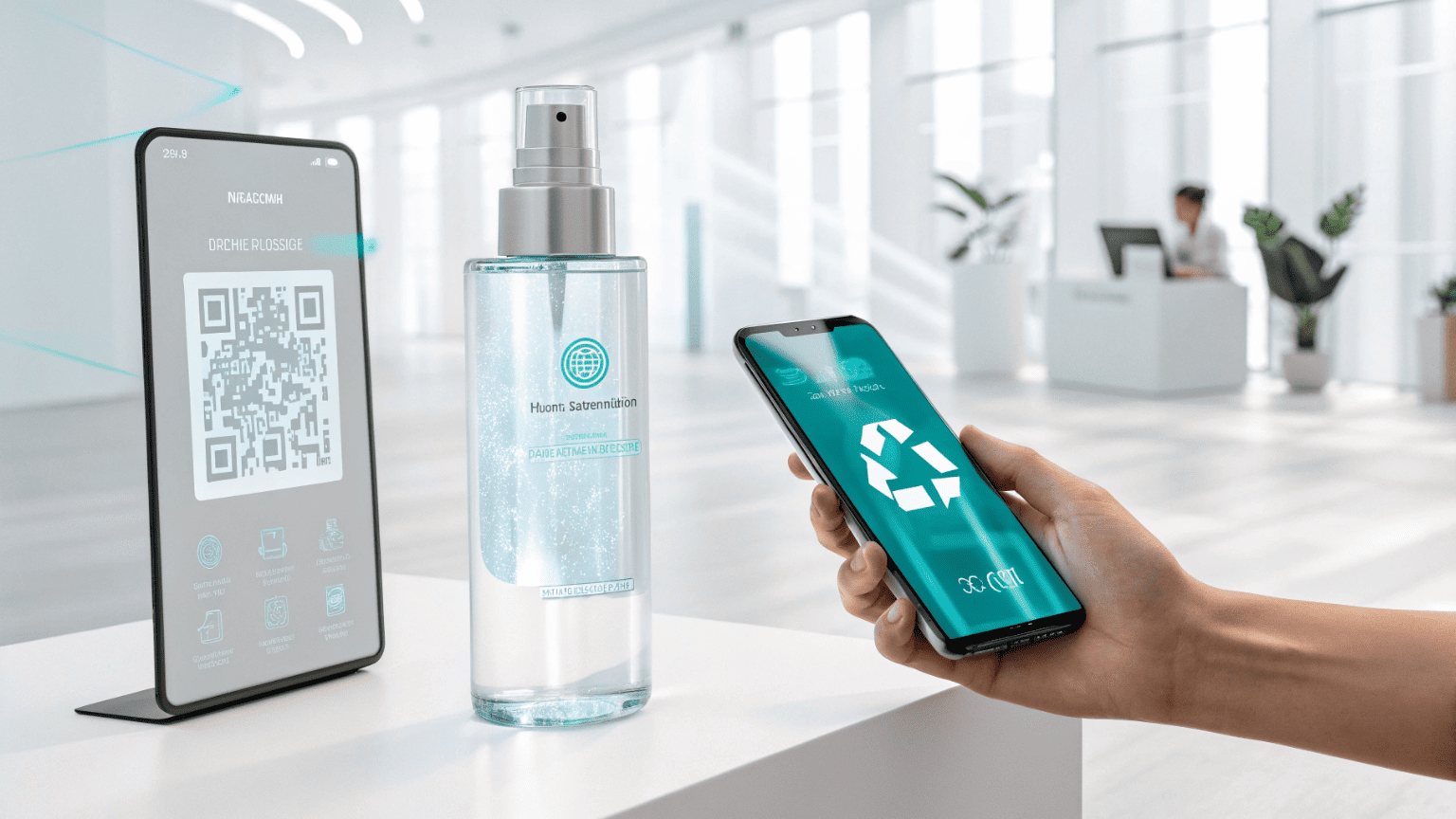 A customer scanning a QR code on a skincare mist bottle to view recycling and sustainability information