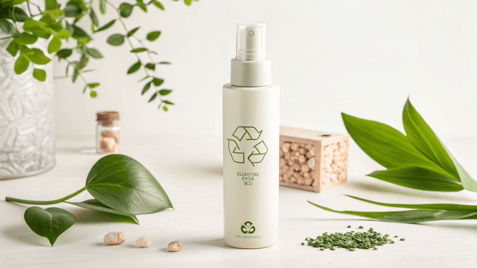 A modern skincare mist bottle made from light-colored PCR plastic with a subtle recycling symbol on the surface