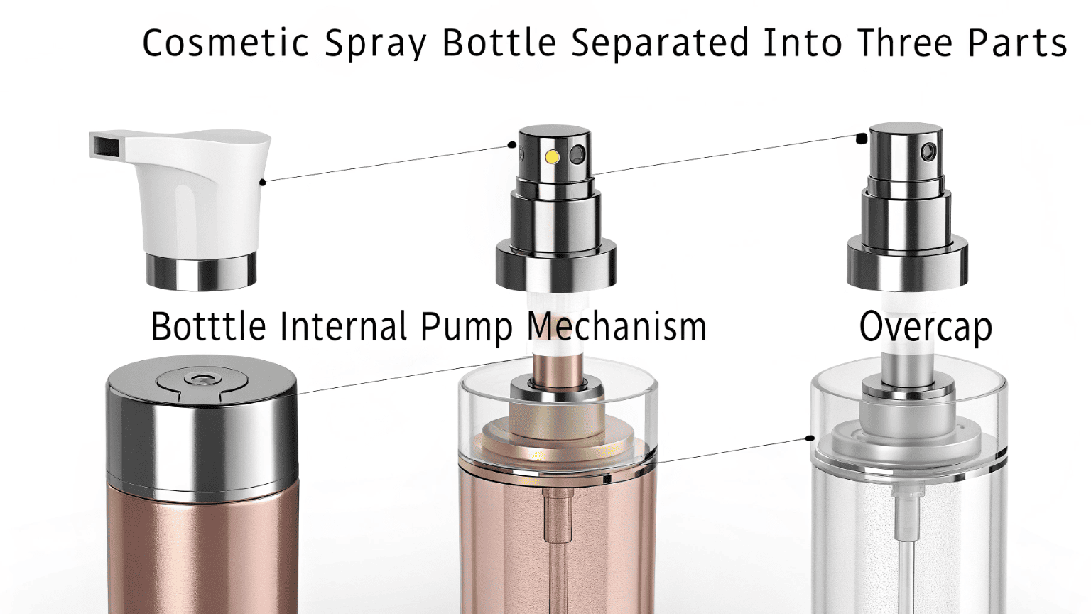 An exploded view showing a spray bottle body, pump mechanism, and protective overcap separated