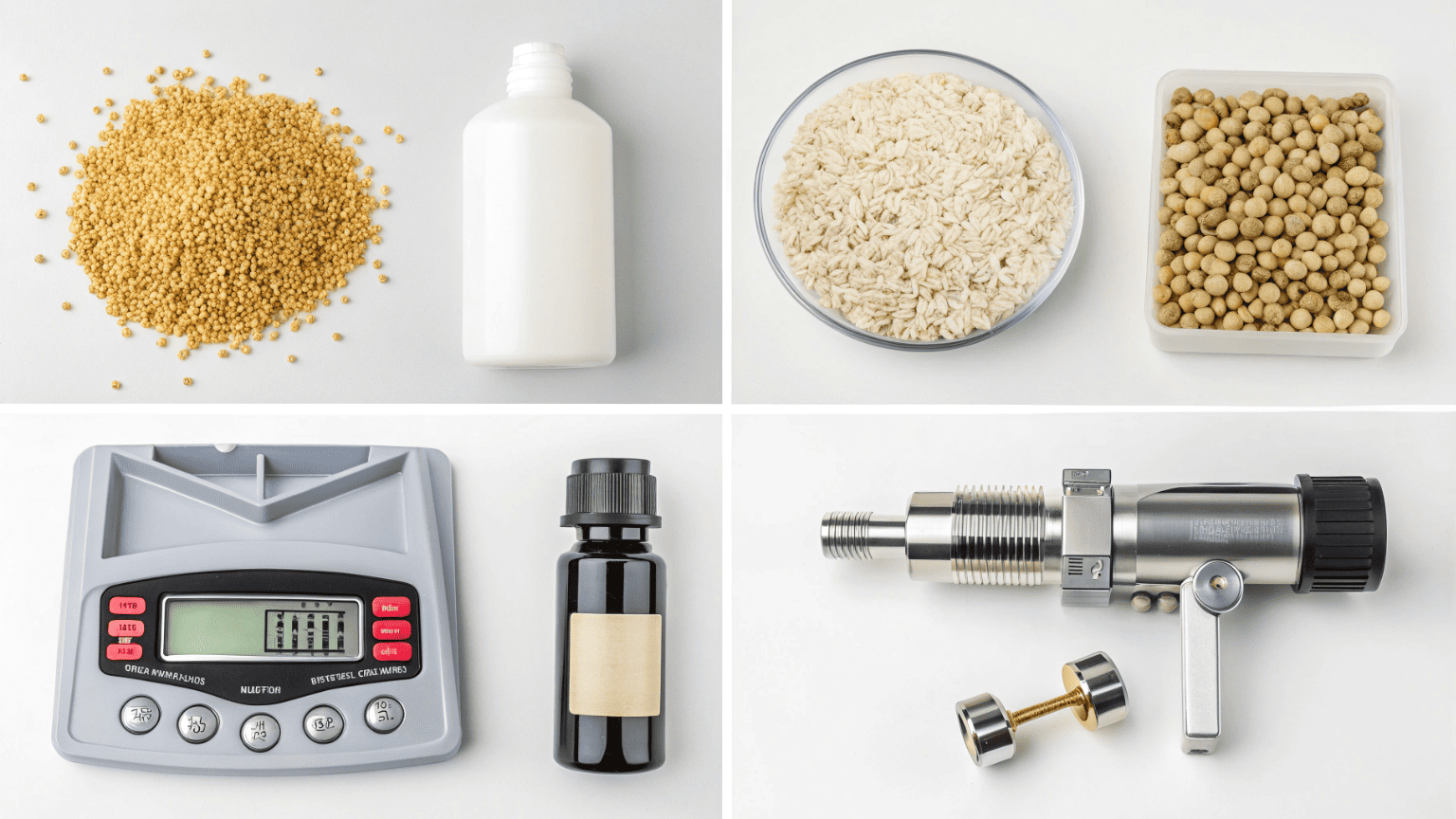 Plastic raw material pellets, a spray bottle on a scale, a pump mechanism, and a bottle with decorative finishing shown together