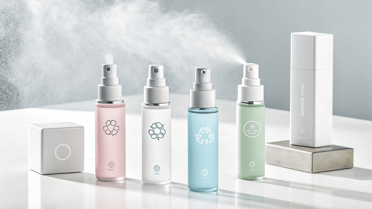 A futuristic display of five small spray bottles showing key trends: a refillable system, a fine-mist sprayer, a portable clip-on atomizer, a mono-material bottle with a recycling symbol, and one featuring a digital dosage counter