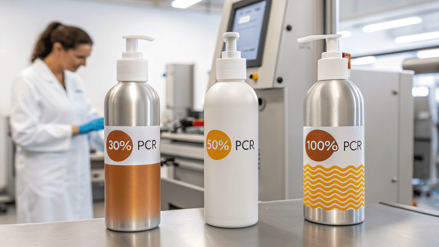 A lab technician comparing sunscreen bottles made with different PCR plastic percentages
