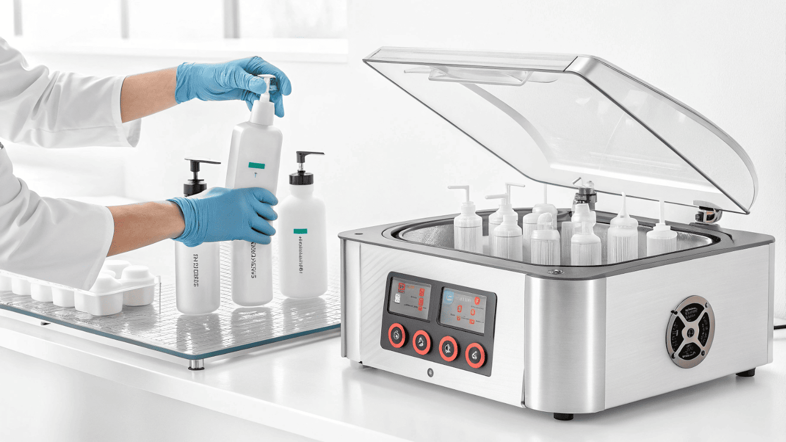 A lab technician placing a sealed spray bottle into a vacuum chamber to test pressure resistance