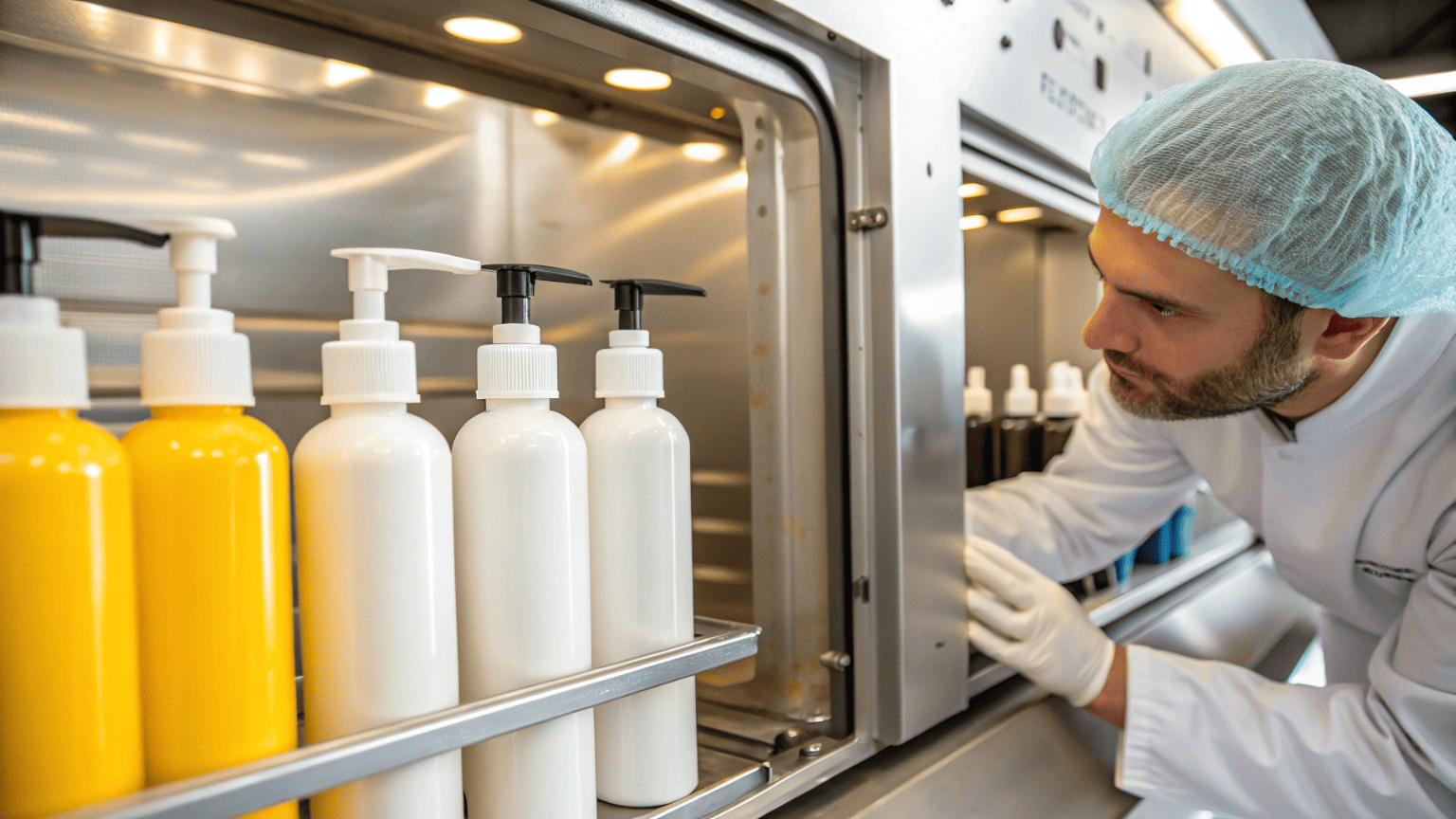 A sunscreen bottle being tested in a vacuum chamber to simulate air pressure changes during travel
