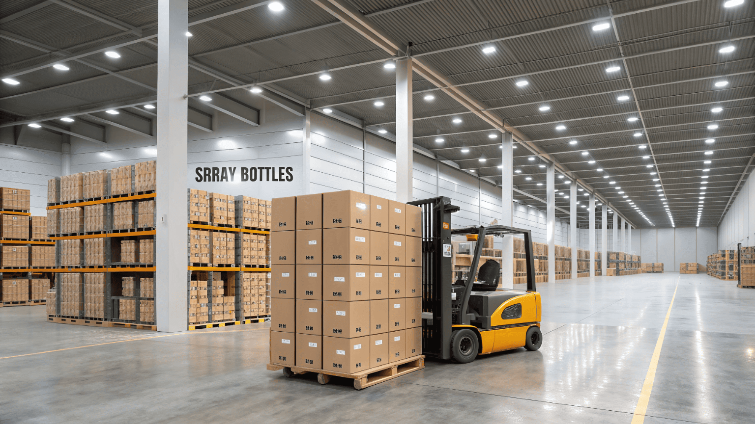 A warehouse aisle filled with cartons of small spray bottles ready for shipment, with a forklift moving pallets