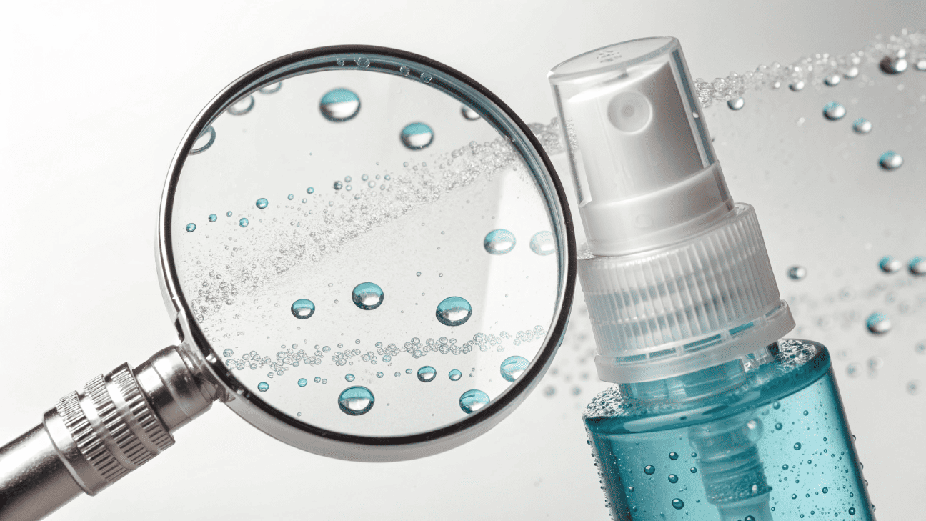 A close-up view of a clogged spray nozzle with visible residue under magnification