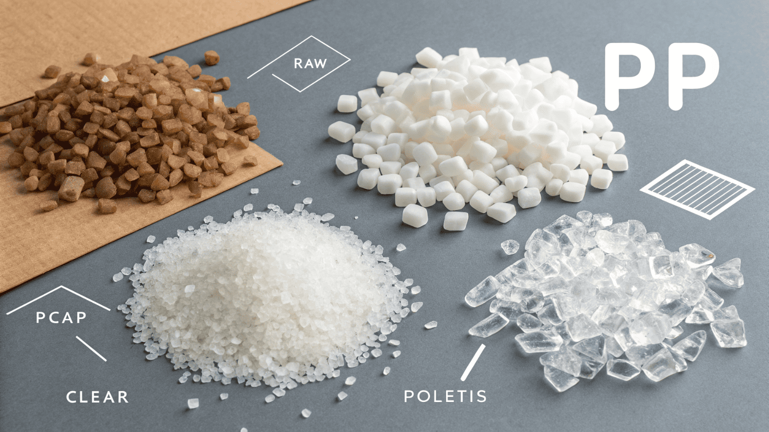 Clear PET pellets and opaque PP pellets displayed next to broken glass pieces