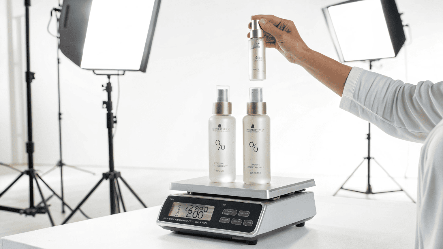 A person holding two identical-looking spray bottles while comparing their weight on a scale