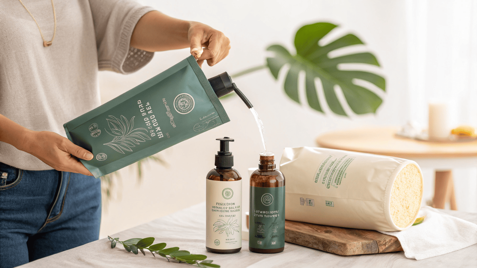 A large refill pouch being used to refill a smaller premium spray bottle on a clean countertop