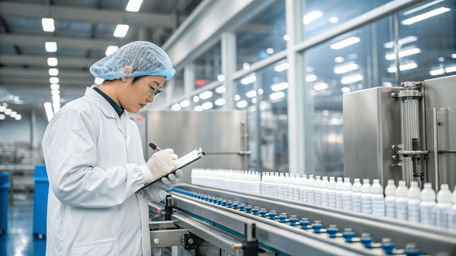 A quality control inspector carefully checking a spray bottle on a modern production line inside a clean factory