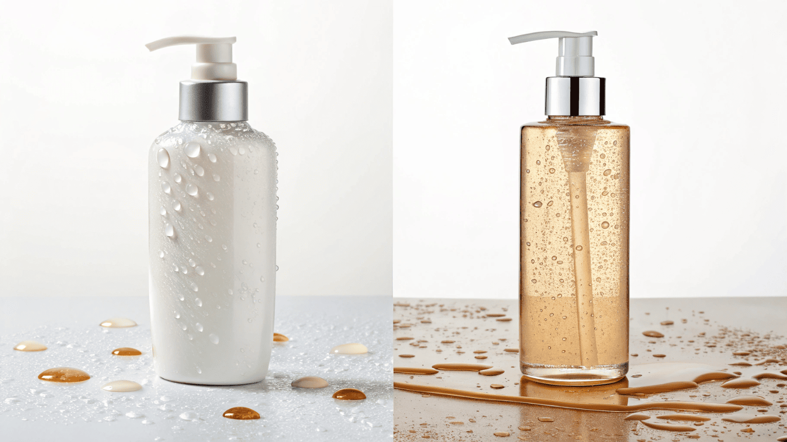 A comparison showing a normal skincare bottle next to a sunscreen bottle that is cracked, discolored, and leaking after use