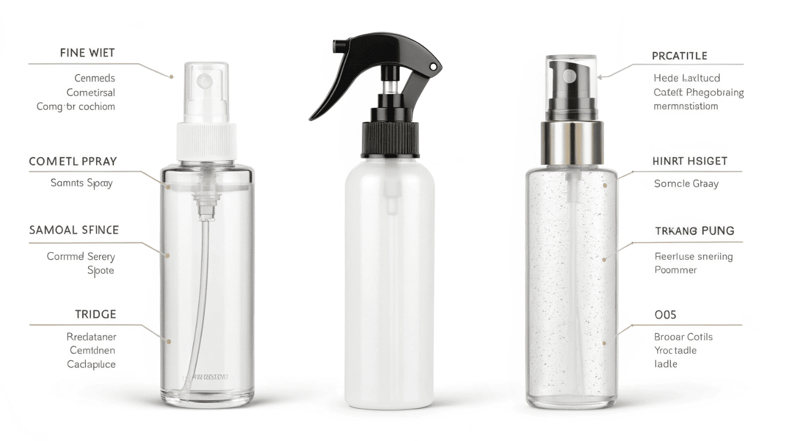 Three cosmetic spray bottles displayed side by side, including a fine-mist sprayer, a standard pump sprayer, and a trigger spray bottle