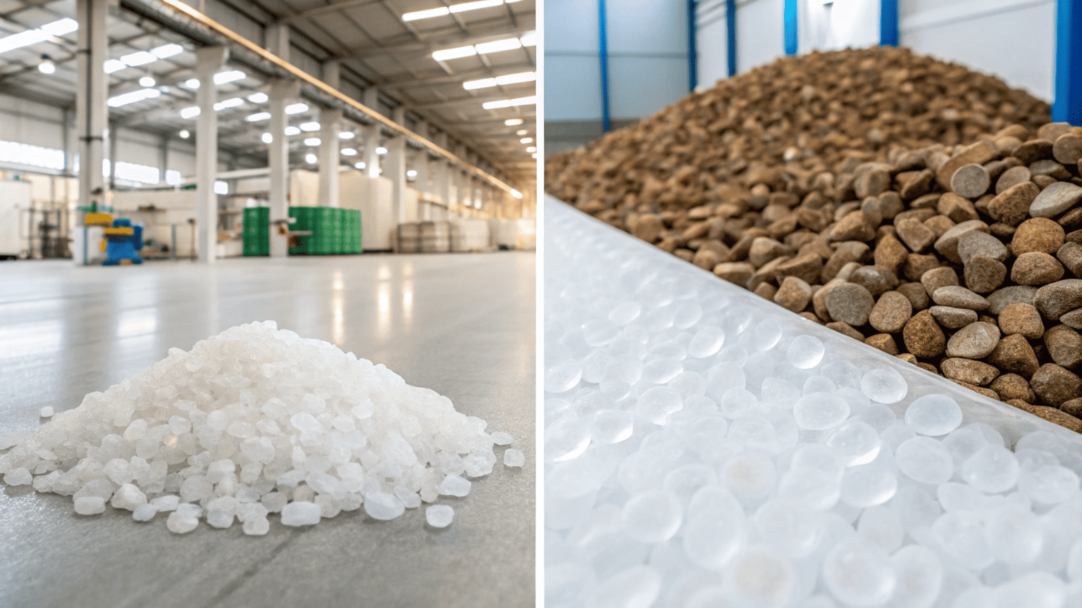 Clear plastic pellets being processed by a machine next to mixed and dirty recycled plastic pellets