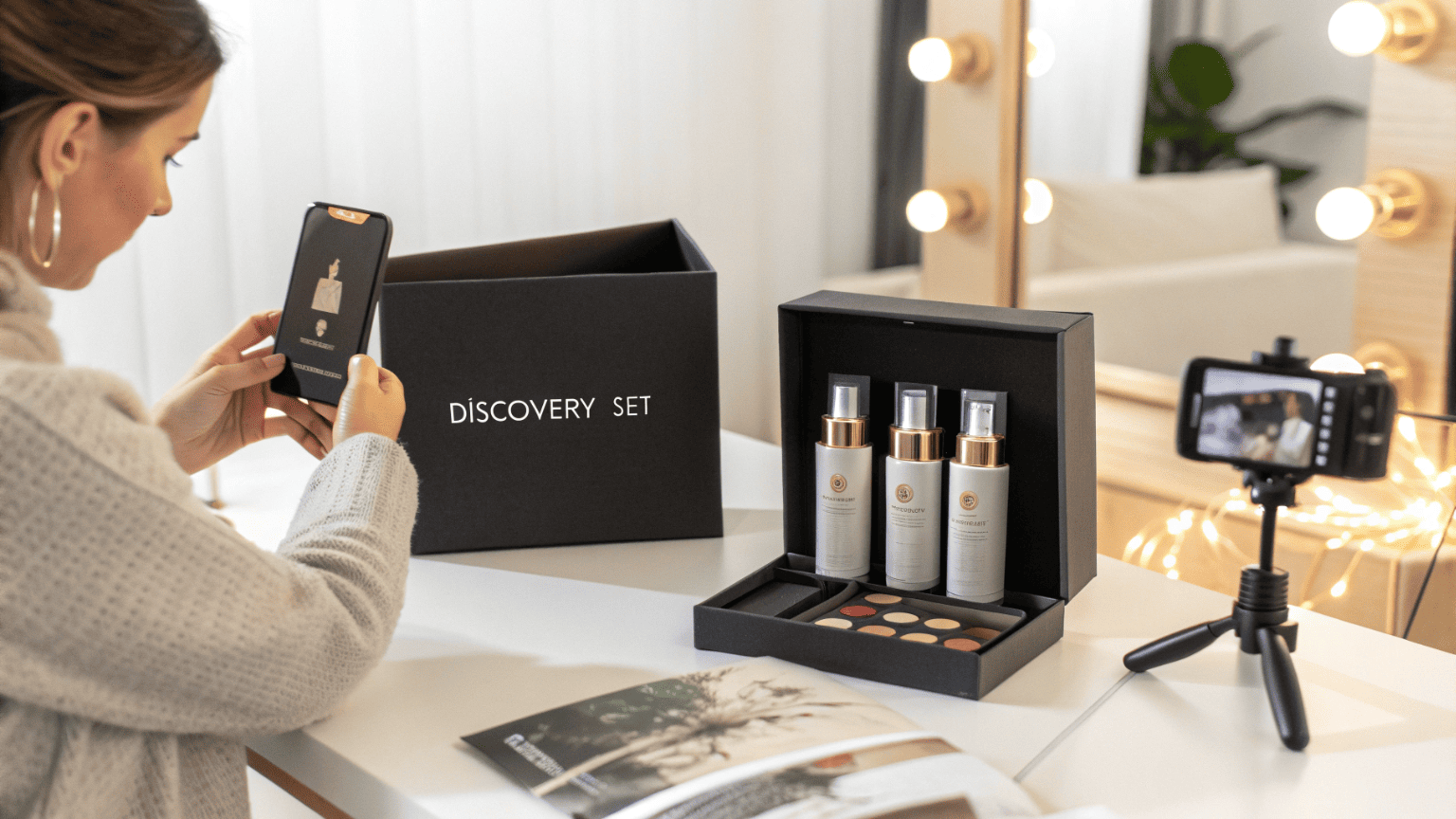 A beauty influencer unboxing a discovery set filled with multiple mini spray bottles