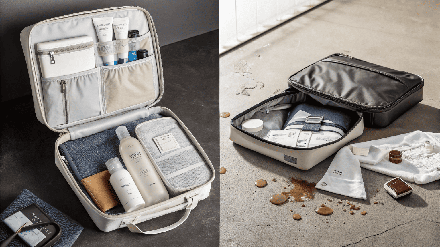A comparison showing a clean travel bag next to another bag with clothes stained by leaked cosmetic liquid
