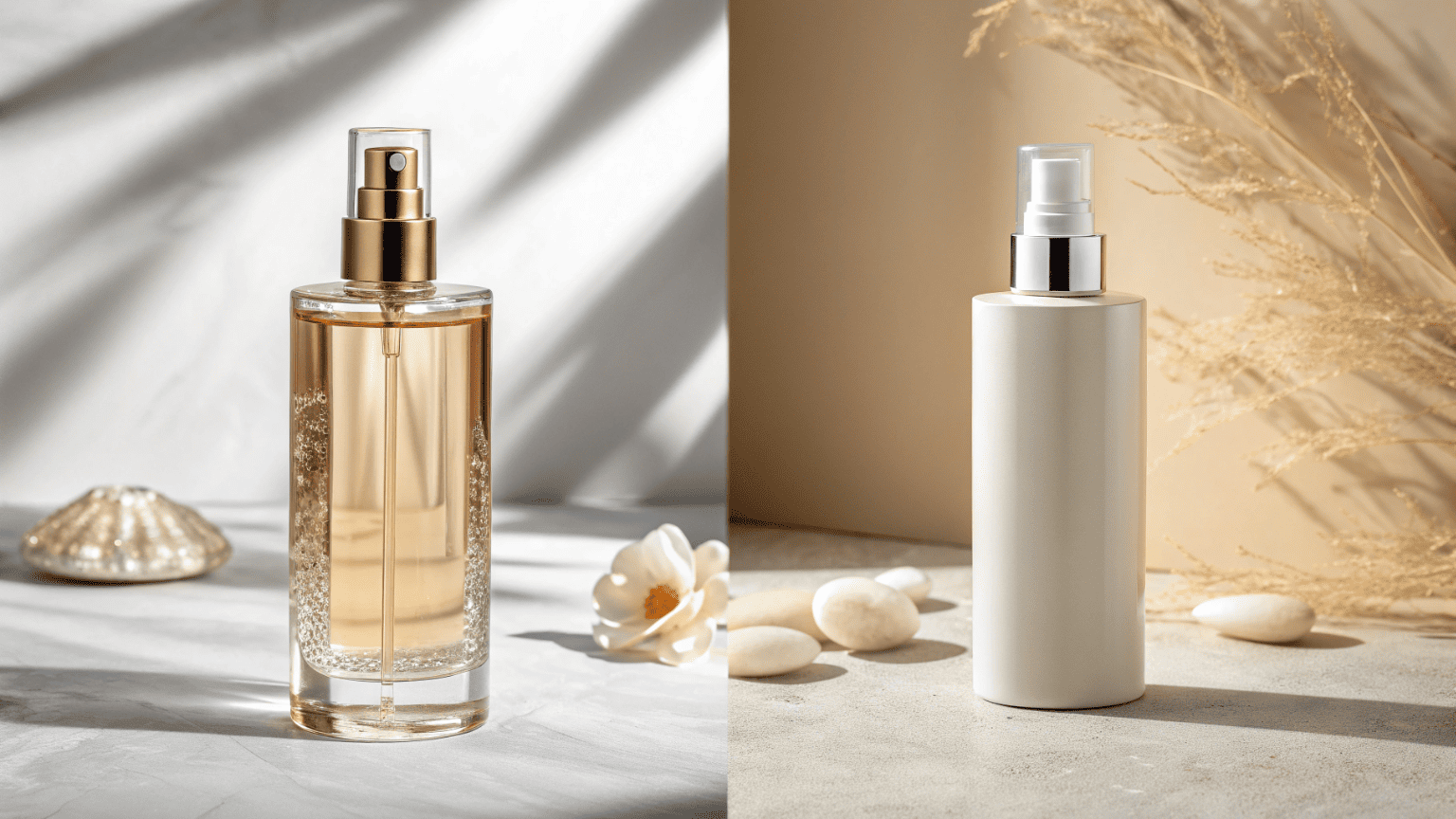 A comparison showing a luxury glass spray bottle next to a lightweight plastic spray bottle