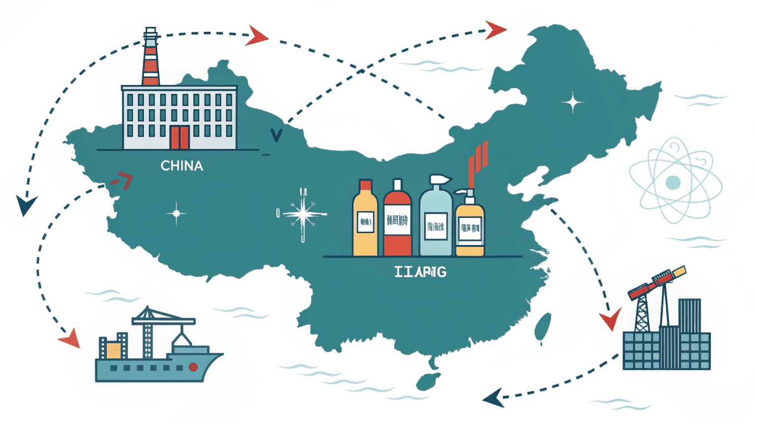 A map of China highlighting Guangdong and Zhejiang provinces as major manufacturing regions