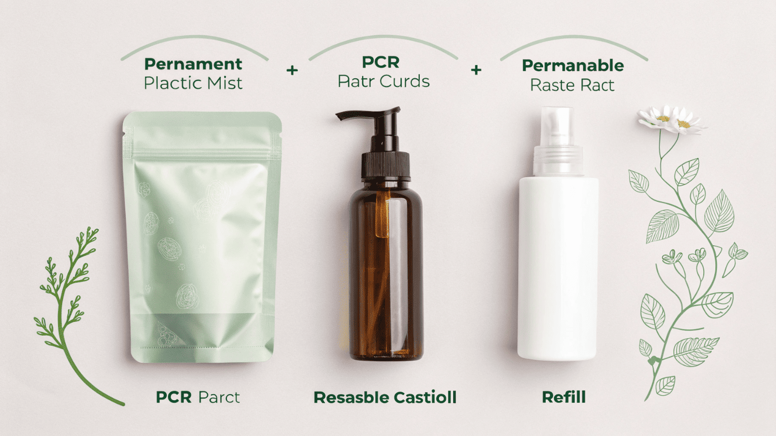 Three skincare packaging concepts showing a PCR bottle, a refill pouch with a reusable bottle, and a monomaterial pump