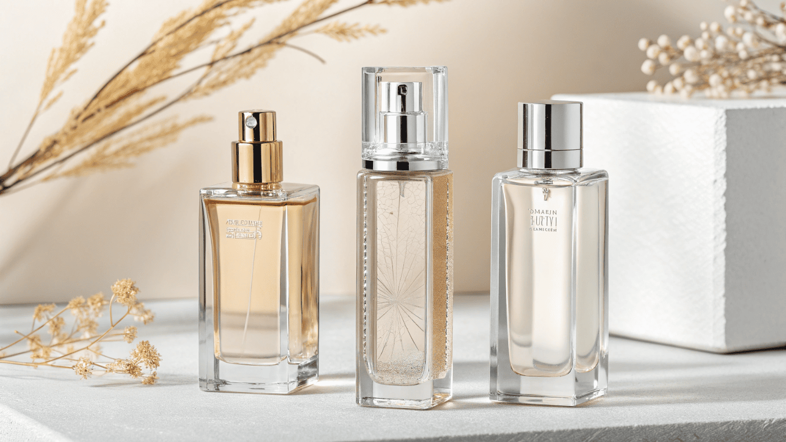 Three different 30ml spray bottles made from PET, PP, and glass displayed for different cosmetic uses