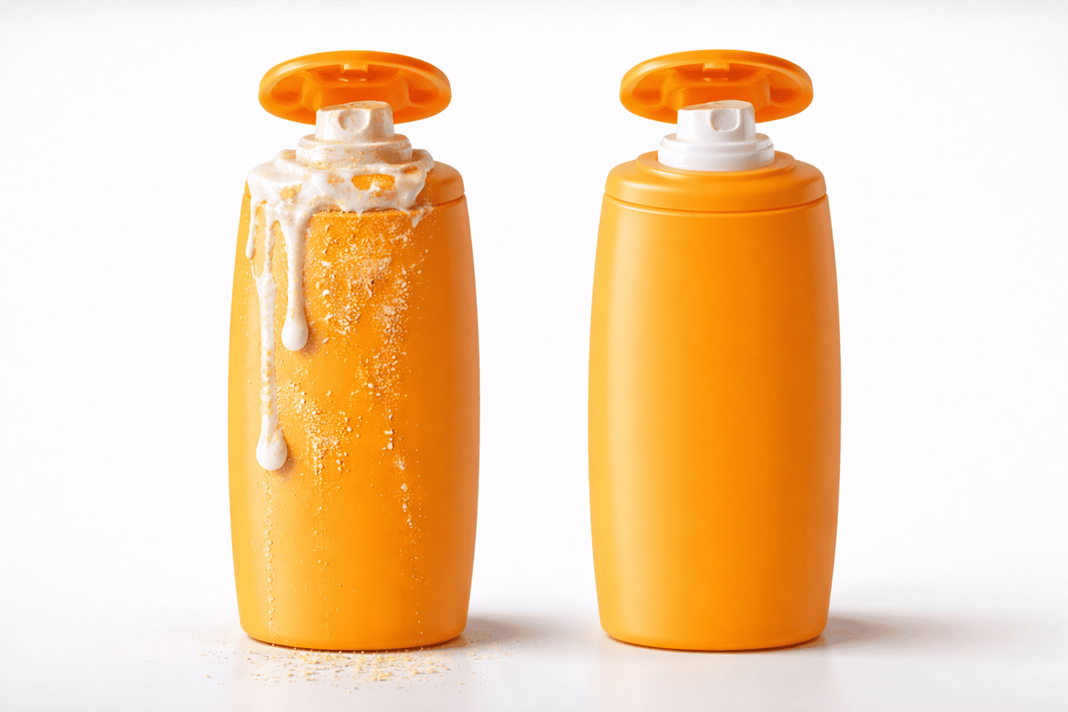 A leaked sunscreen bottle next to a clean, intact bottle, highlighting common packaging problems like leakage and clogging
