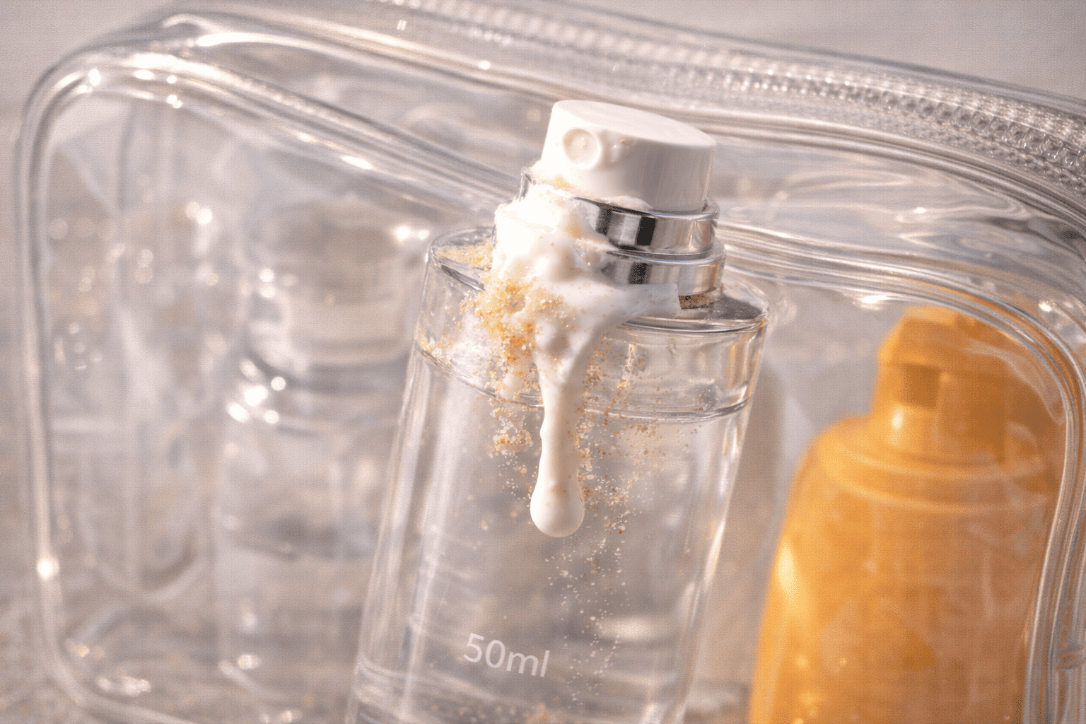 A transparent sunscreen bottle inside a bag with liquid leaking from the cap area