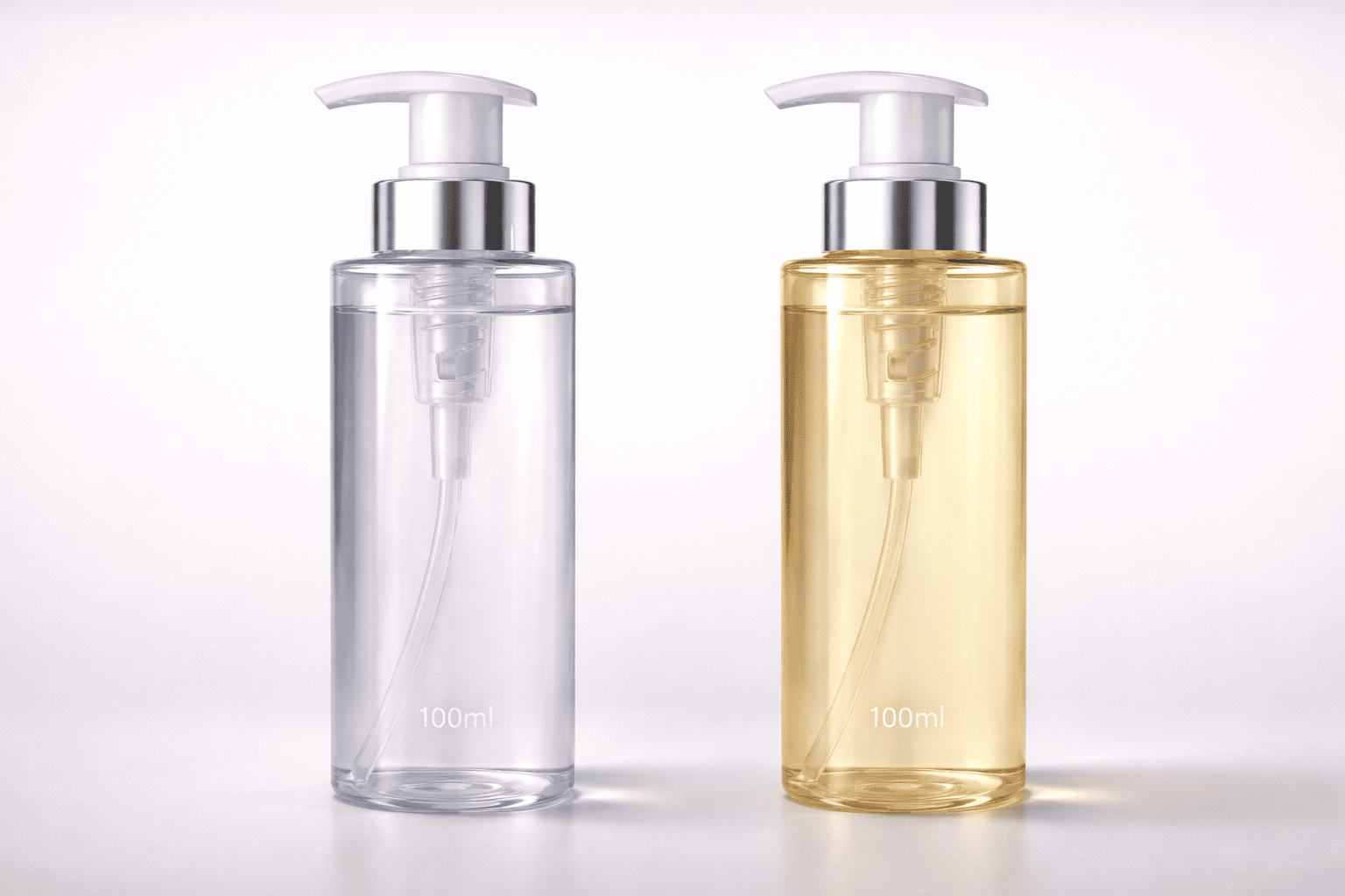 Two identical sunscreen bottles side by side, one clear and one yellowed from chemical reaction