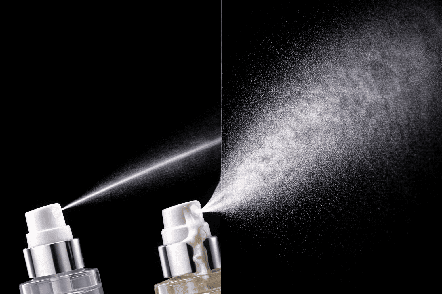 Visual comparison of a narrow, dripping spray versus a wide, even sunscreen mist pattern