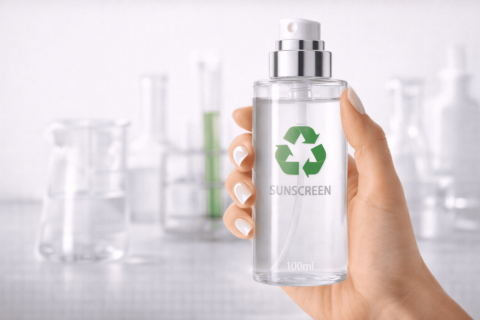A hand holding a clear sunscreen bottle with a green recycling symbol, with laboratory glassware in the background to represent testing and validation