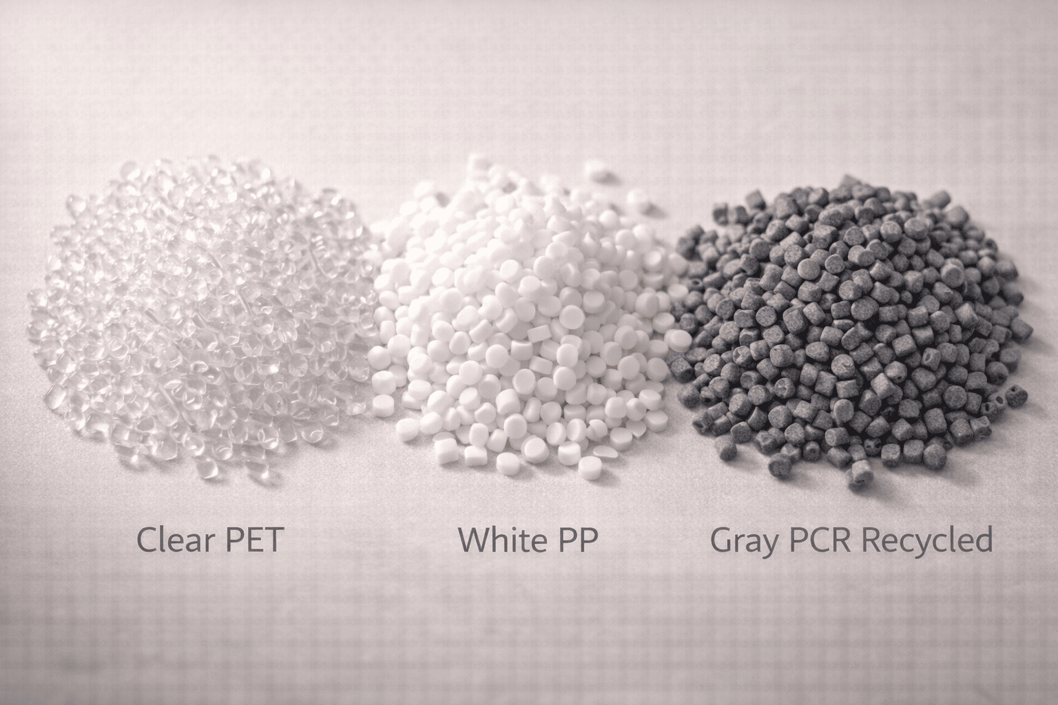 Different types of plastic pellets including virgin PET, PP, and darker recycled PCR material arranged for comparison
