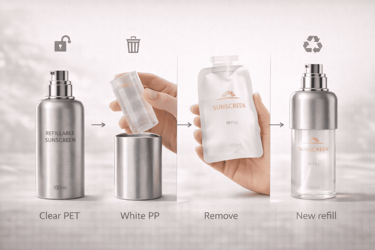 A step-by-step visual showing how a refillable sunscreen bottle is opened, refilled, and closed