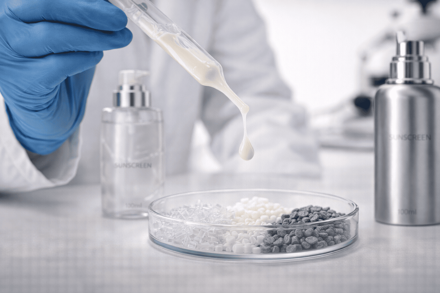 A lab technician testing how a sunscreen formula reacts with different plastic packaging materials in a laboratory setting