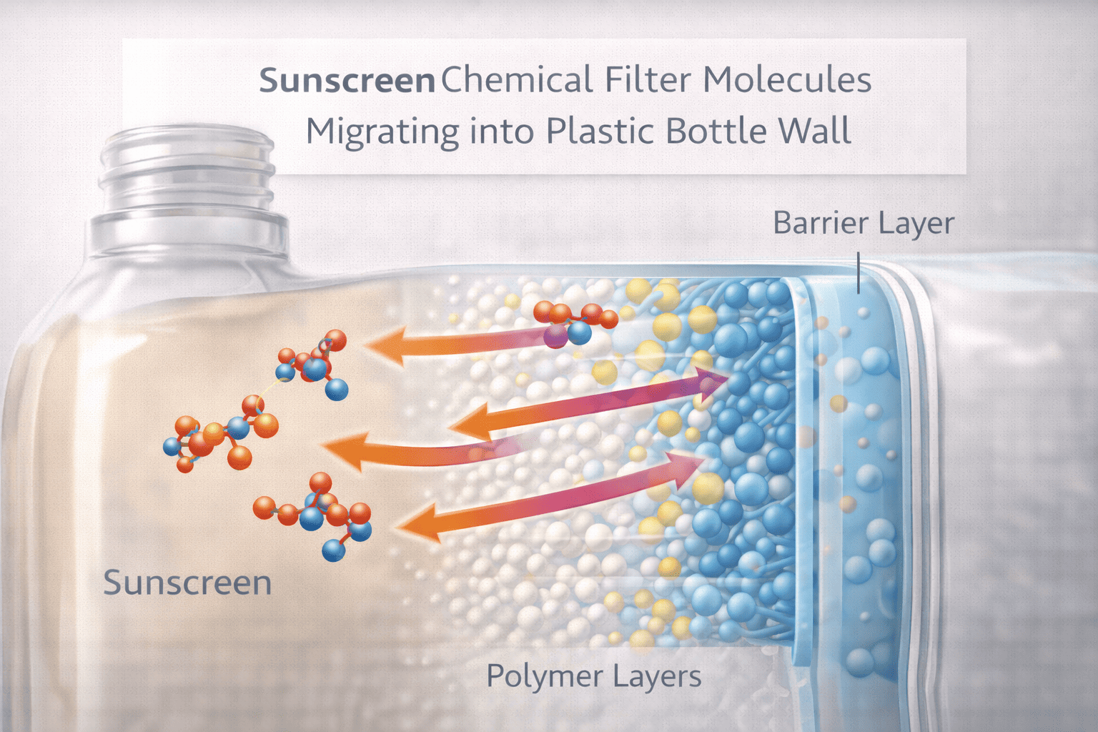 A magnified illustration showing chemical UV filter molecules penetrating and degrading the wall of a plastic bottle