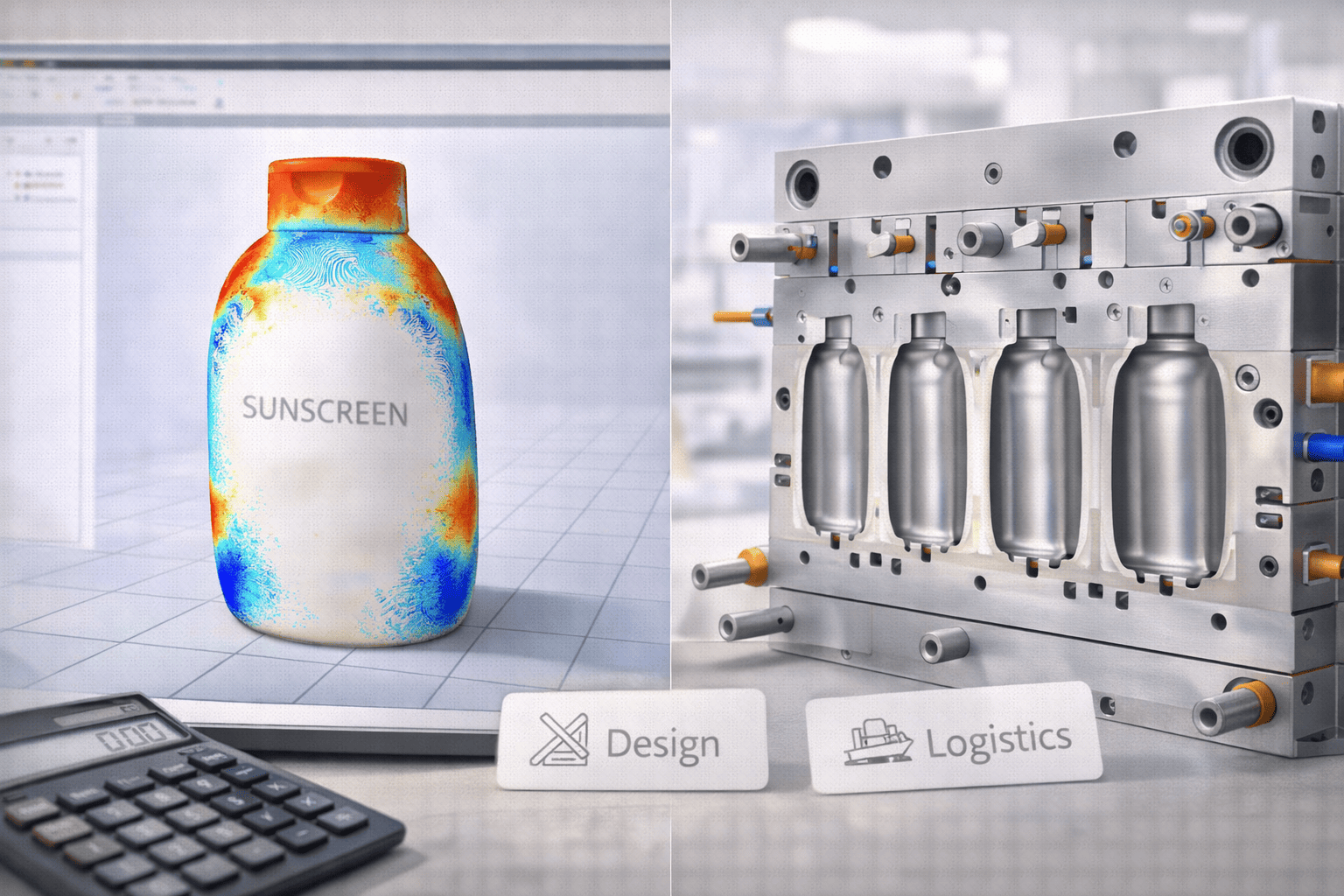 A 3D computer model of a sunscreen bottle showing stress analysis next to a high-precision multi-cavity steel mold