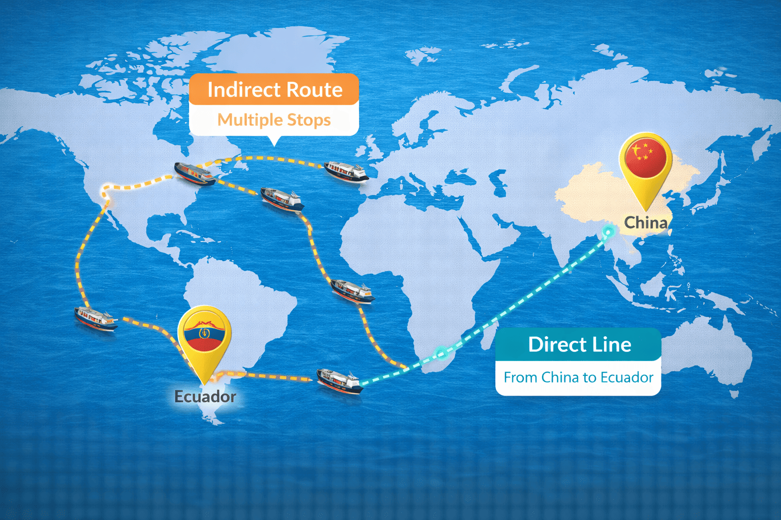 A global shipping map highlighting an optimized direct sea route for exporting sunscreen bottles