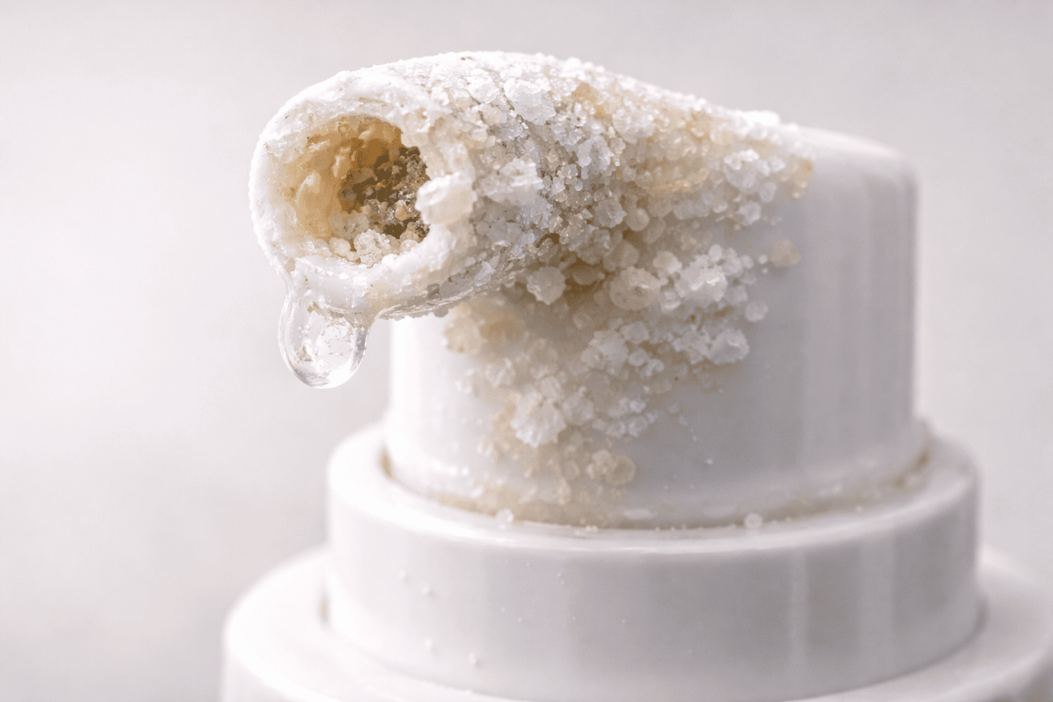 White crystal buildup around the tip of a spray nozzle caused by dried product residue over time