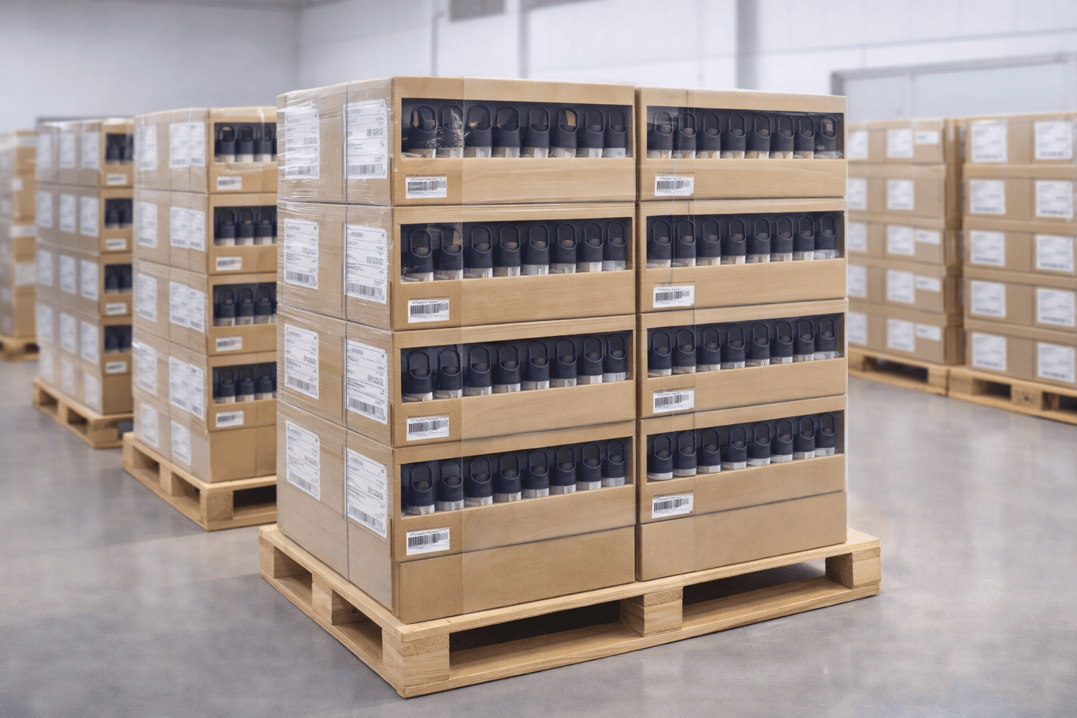 Boxes of spray bottles neatly packed on pallets with clear shipping labels, ready for international export