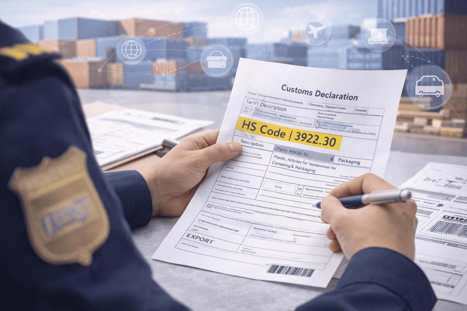 A customs declaration document with the HS code 3923.30 highlighted for plastic spray bottles