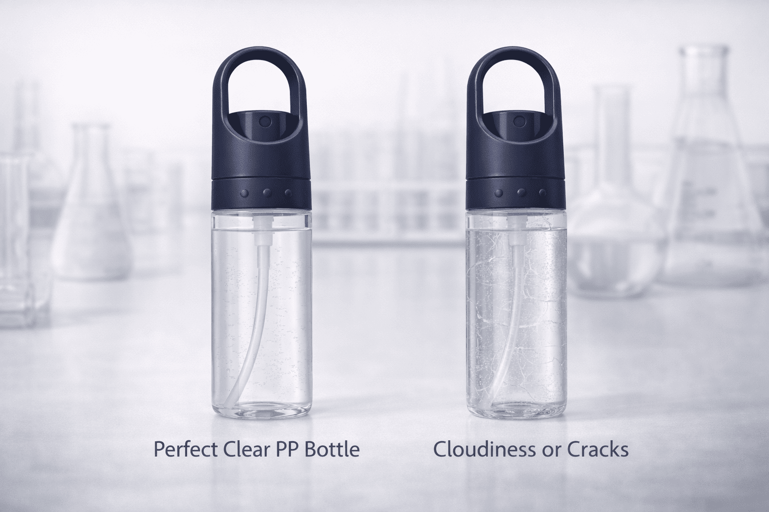 Two sanitizer spray bottles side by side, one intact and one showing plastic damage from alcohol