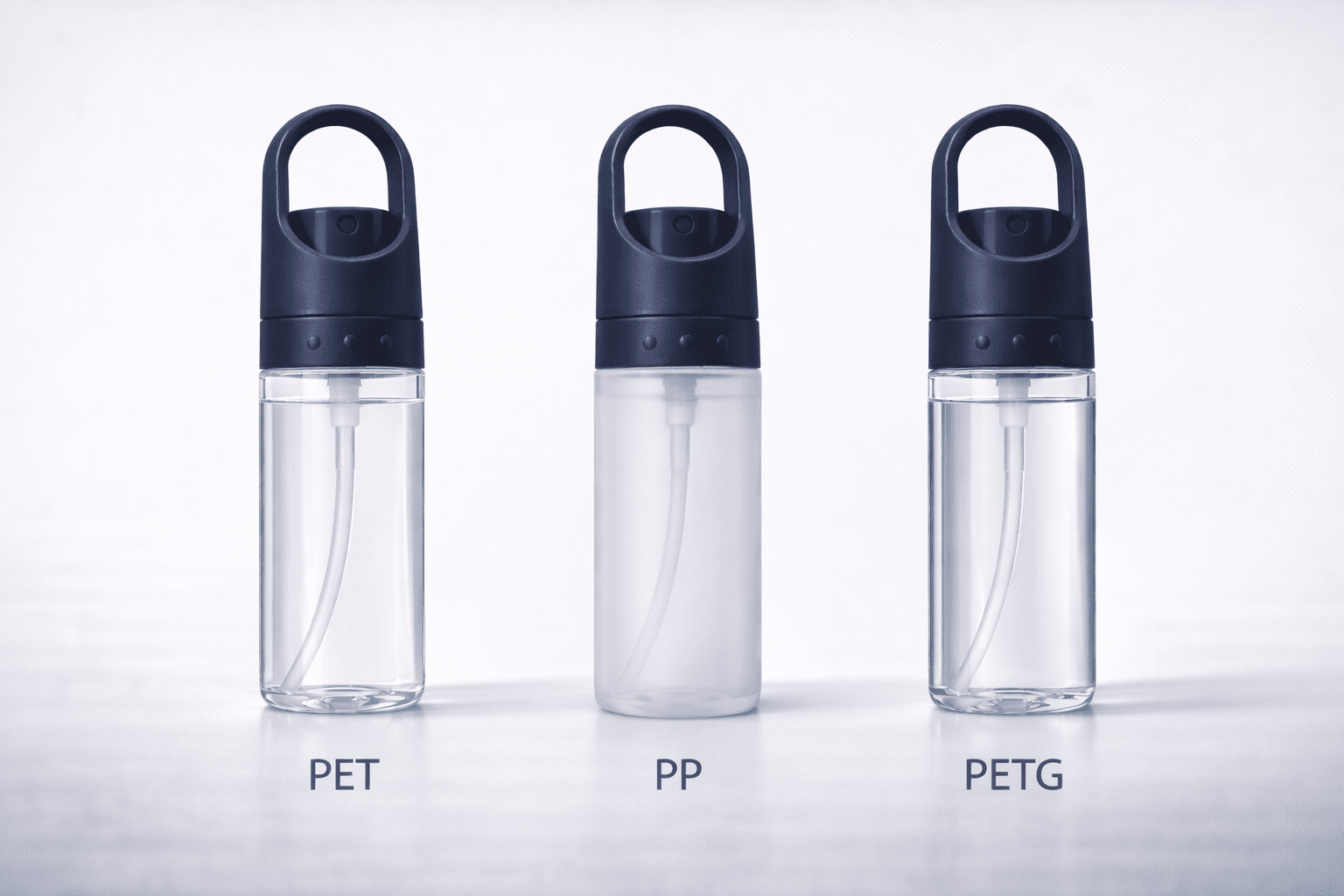 Three identical spray bottles displayed side by side, showing a clear PET bottle, a translucent PP bottle, and a glossy PETG bottle