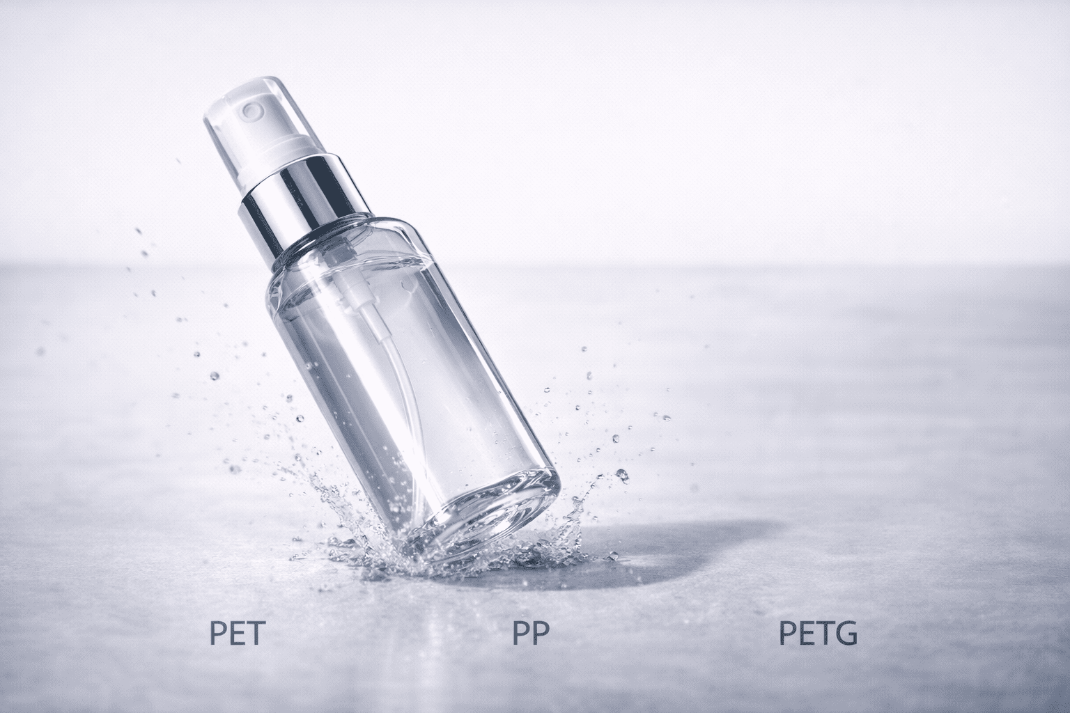 A high-gloss PETG spray bottle shown intact after being dropped, highlighting its impact resistance