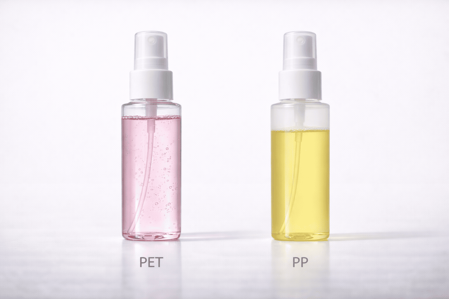 A clear PET bottle filled with a pink toner next to a translucent PP bottle filled with an oil-based spray